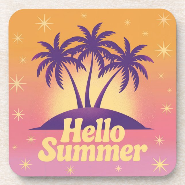Hello Summer Pink Plastic Cork Coaster Set  (Front)