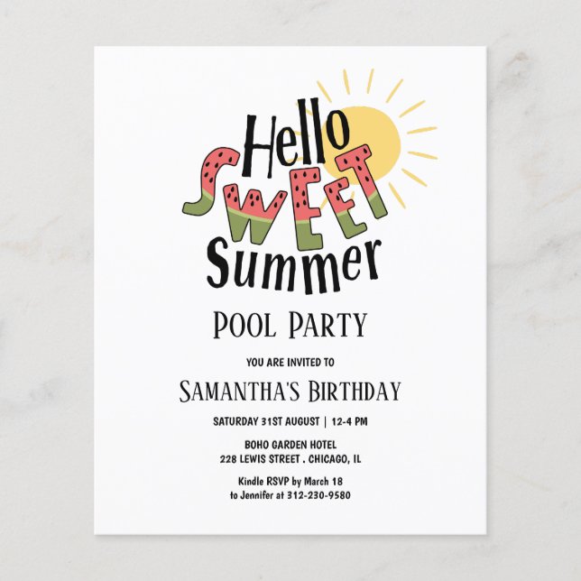 Hello Summer Pool Party Bday Budget Invitation (Front)