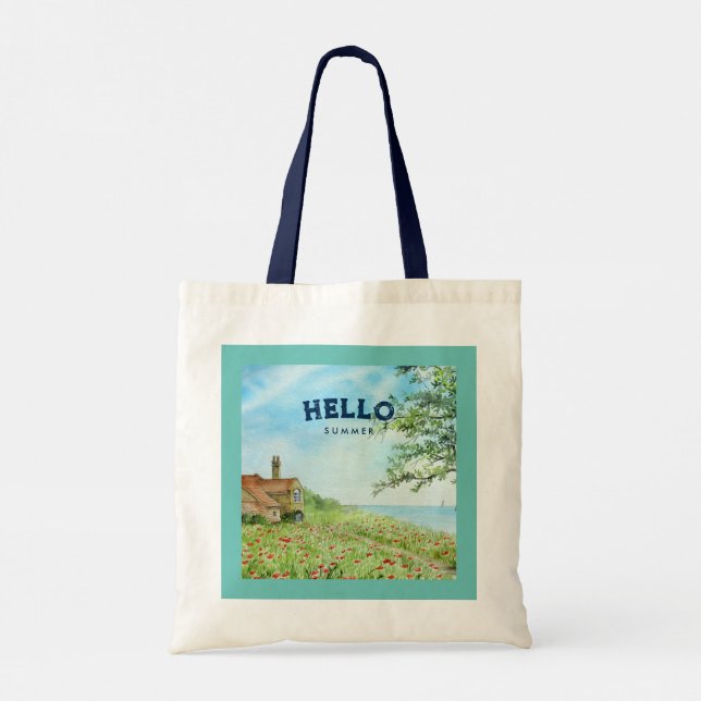 Hello Summer Poppy Field Sun Sea Landscape Tote Bag (Back)