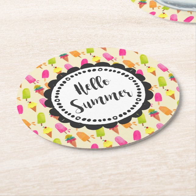 Hello Summer Popsicles and Ice Cream Round Paper Coaster (Angled)