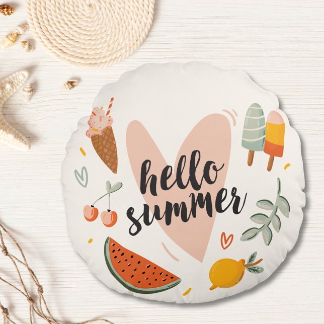 Hello Summer Quote Colourful Cute Nursery Kids Round Cushion (In situ)