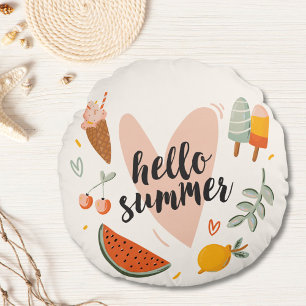 Hello Summer Quote Colourful Cute Nursery Kids Round Cushion
