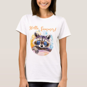 Hello Summer Racoon in sunglasses Watercolor T-Shirt