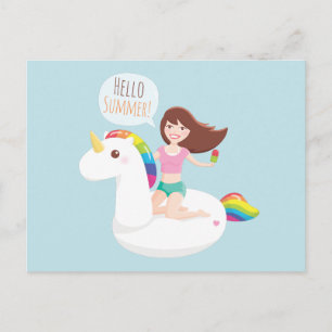 Hello Summer Rainbow Unicorn Pool Float Postcard