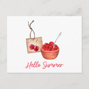 Hello Summer Red Cherries Fruit Invitation Postcard