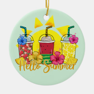 Hello Summer Refreshing Tropical Fruit Smoothie Ceramic Ornament
