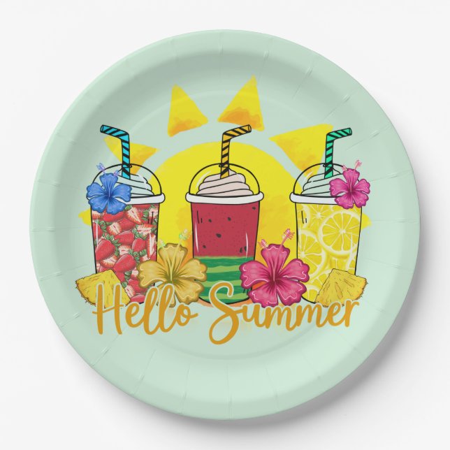 Hello Summer | Refreshing Tropical Fruit Smoothie Paper Plate (Front)