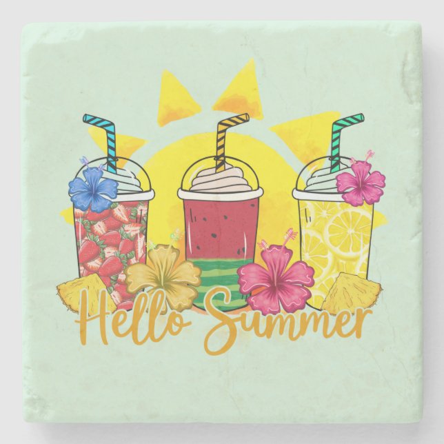 Hello Summer | Refreshing Tropical Fruit Smoothie Stone Coaster (Front)