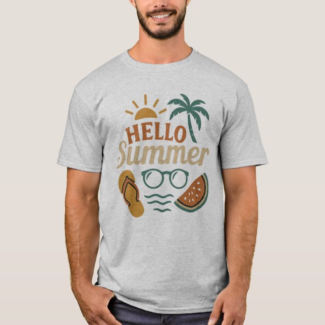 Hello Summer Retro Beach Shirt | Palm Tree & Water (Front)
