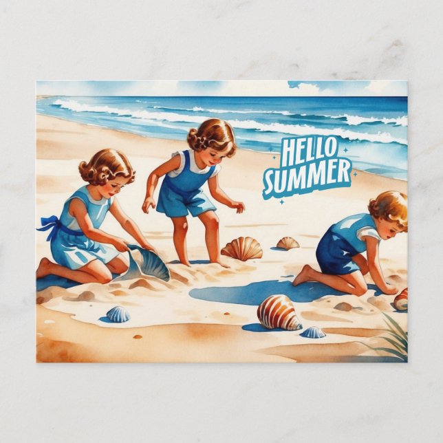 Hello Summer Retro Children Playing on a Beach  Postcard (Front)