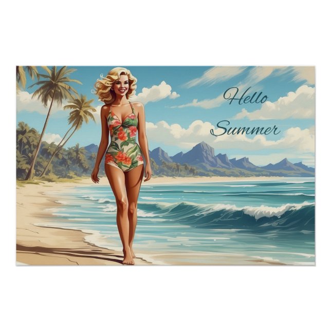 Hello Summer Retro Lady Walking on the Beach  Poster (Front)