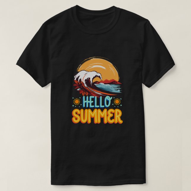 Hello Summer – Retro Wave & Sunset Beach T-Shirt (Design Front)