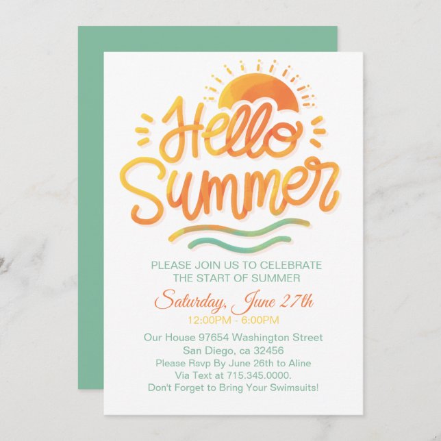 Hello Summer Sun Orange Pool Party Invitation (Front/Back)