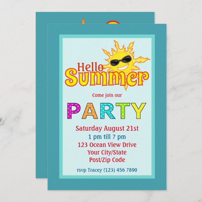 Hello Summer Sun Party Invitation (Front/Back)