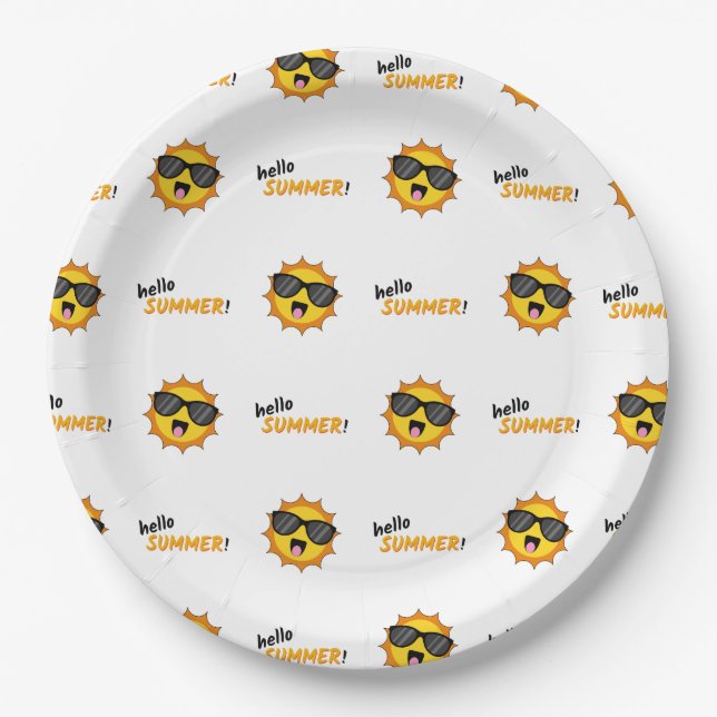 Hello Summer Sun with Sunglasses Paper Plate (Front)