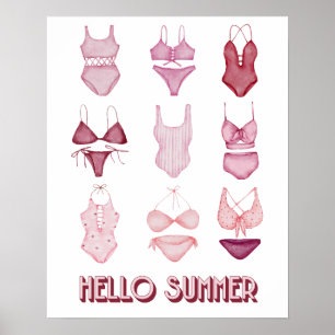 Hello Summer Swimsuits, Art Poster, Red/Pink Poster