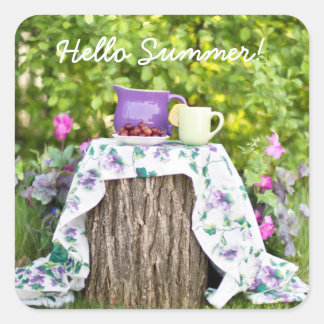 Hello Summer Tea and Plums in the Garden Square Sticker