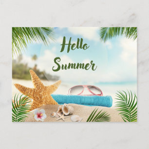 Hello Summer Tropical Beach, Seashells, Sunglasses Postcard