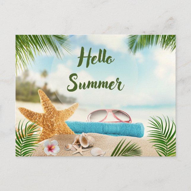 Hello Summer Tropical Beach, Seashells, Sunglasses Postcard (Front)