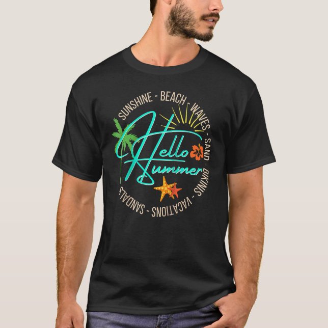 Hello Summer Tropical Beach Vacation Palm Tree Men T-Shirt (Front)