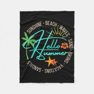 Hello Summer Tropical Beach Vacation Palm Tree Tee Fleece Blanket
