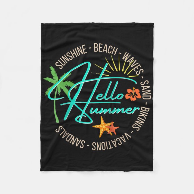 Hello Summer Tropical Beach Vacation Palm Tree Tee Fleece Blanket (Front)