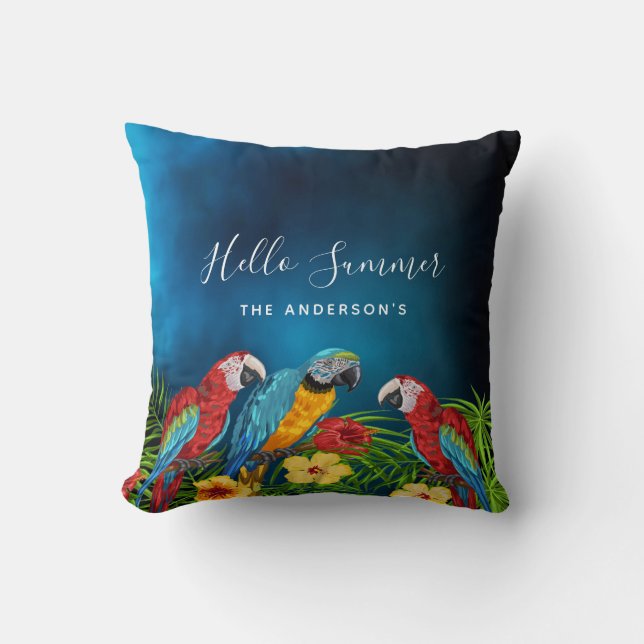 Hello Summer tropical blue sky parrots Cushion (Front)