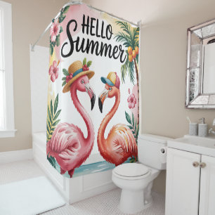 Hello Summer Tropical Flamingos & Sunny Splash Shower Curtain