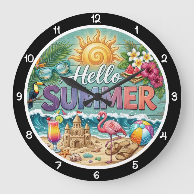 Hello Summer Tropical Sandcastle Large Clock (Front)
