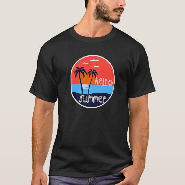 Hello Summer Vacation Beach And Palm Tree Sunset   T-Shirt (Front)