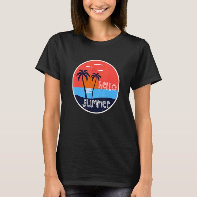 Hello Summer Vacation Beach And Palm Tree Sunset T-Shirt (Front)