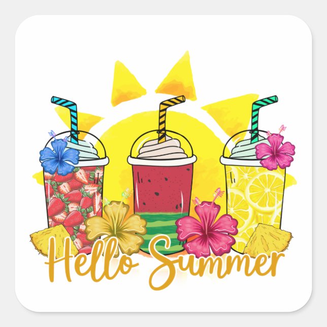 Hello Summer Vibrant Tropical Fruit Smoothie Square Sticker (Front)
