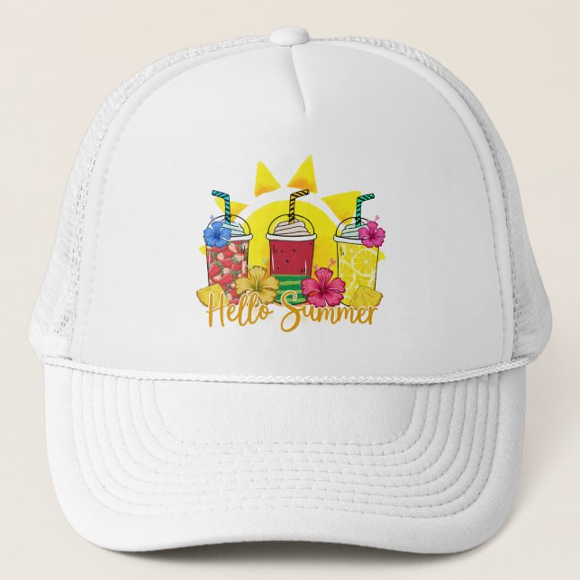 Hello Summer Vibrant Tropical Fruit Smoothie Trucker Hat (Front)