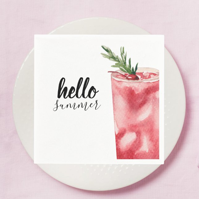Hello Summer Watercolor Red Cherry Cocktail Napkin (Creator Uploaded)