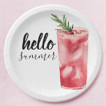 Hello Summer Watercolor Red Cherry Cocktail Paper Plate<br><div class="desc">Hello Summer Watercolor Red Cherry Cocktail</div>