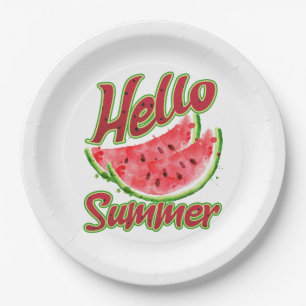 Hello Summer Watercolor Watermelon Design Paper Plate