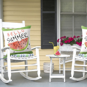Hello Summer Watercolor Watermelon Green White Cushion