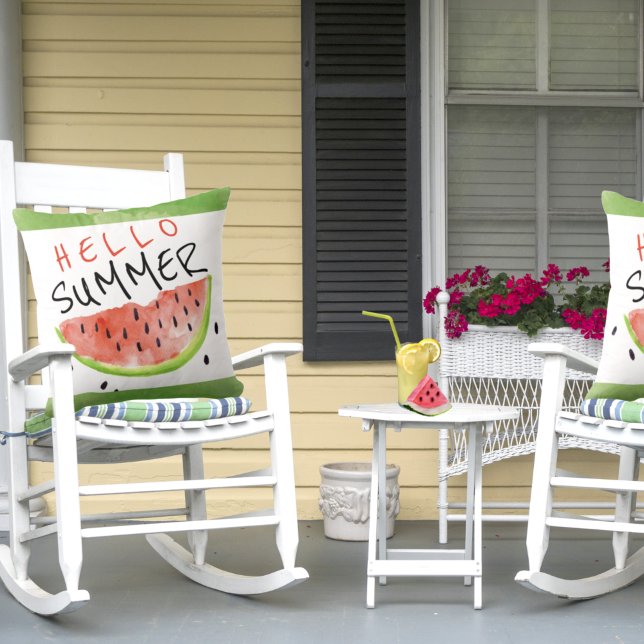 Hello Summer Watercolor Watermelon Green White Cushion (Creator Uploaded)