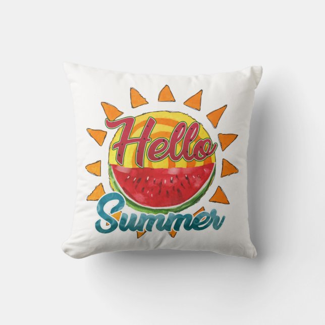 Hello Summer | Watercolor Watermelon & Vibrant Sun Cushion (Front)