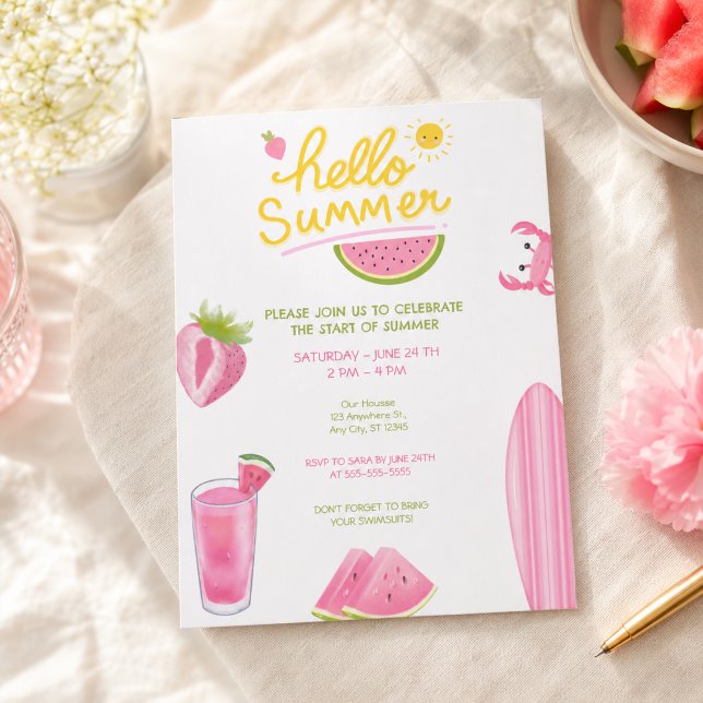 Hello Summer Watermelon Pool Party Pink Fun Invitation (Creator Uploaded)
