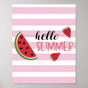Hello Summer Watermelon Slices Cute Pink White Poster