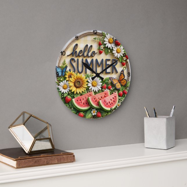 Hello Summer Watermelon Sunflower Large Clock (Office)
