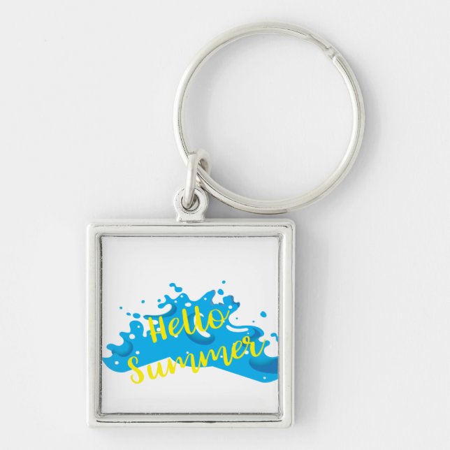 Hello Summer, Waves Graphic, Cool White Key Ring (Front)