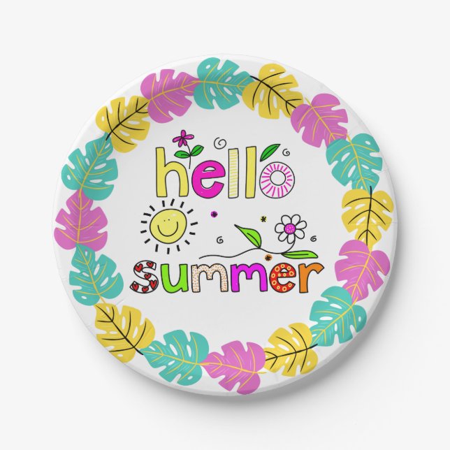 Hello Summer Word Art Tropical Palms 7" Paper Plate (Front)
