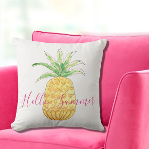 Hello Summer Yellow Pineapple Pink Watercolor Cushion