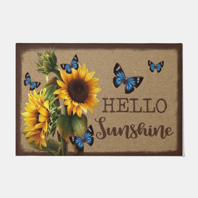 Hello Sunshine Blue Butterfly Vs Sunflower  Doormat (Front)
