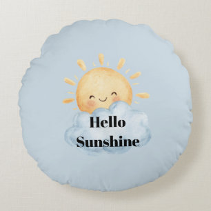 Hello Sunshine Blue Yellow Happy Sun Cloud Round Cushion