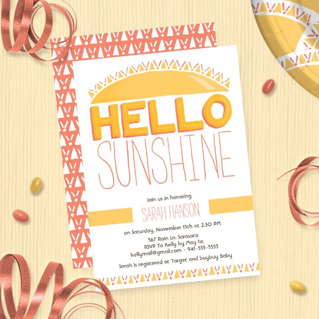 Hello Sunshine Hand Lettered Gender Neutral Invitation (Creator Uploaded)