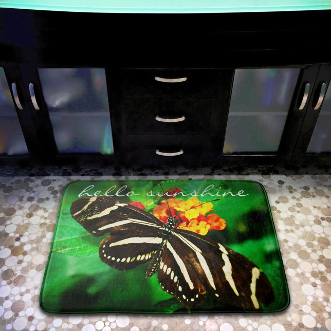 Hello Sunshine Quote Black White Butterfly Photo Bath Mat (Creator Uploaded)