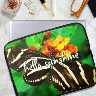 Hello Sunshine Script Black White Stripe Butterfly Laptop Sleeve